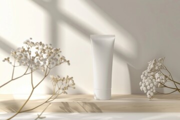 Elegant Cosmetic Tube on Minimalist Pedestal with Natural Elements