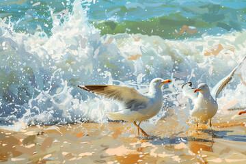 Playful Seagulls on Sandy Shore Playful seagulls frolicking on a sandy shore their joyful calls and synchronized movements reflecting the carefree spirit of coastal avian life against