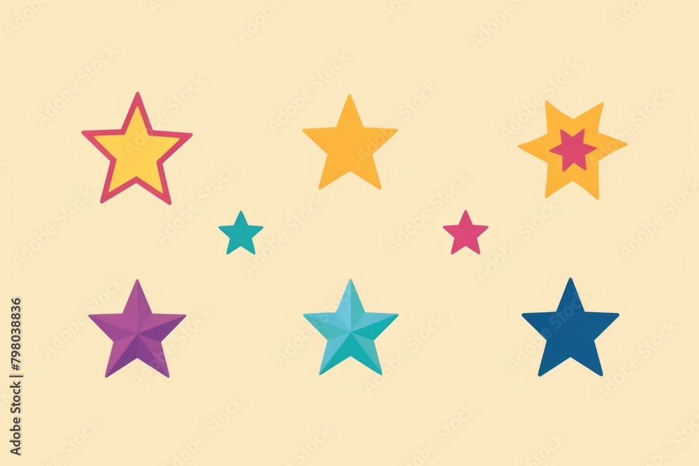 Poster five different colored stars on a vibrant yellow background. perfect for adding a pop of color to an