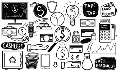 Hand drawn doodle set of electronic payment vector illustration.