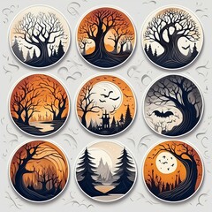 Circular Halloween Stickers featuring eerie scenes of misty forests
