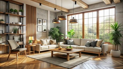 Fototapeta premium Modern interior japandi style design livingroom. Lighting and sunny scandinavian apartment with plaster and wood. 3d render illustration.