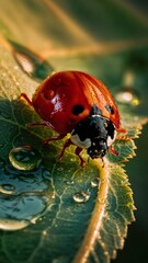 a close-up of a red and black spotted ladybug covered in morning dew resting on a bright green leaf