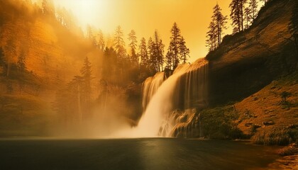 A majestic waterfall cascading down a rocky cliff into a crystal-clear pool in golden hour