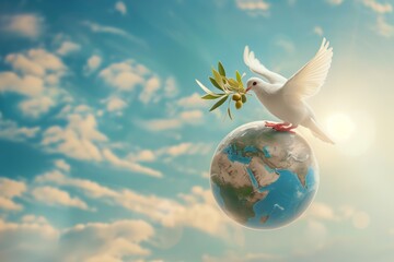 White Dove or pigeon of peace with olive branch in beak, on blue sky with clouds background. Symbol of hope and harmony, denouncing war. Concept of conveying messages for peace and unity. 