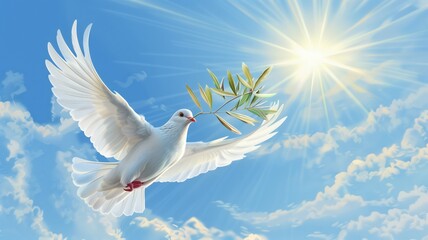 White Dove or pigeon of peace with olive branch in beak, on blue sky with clouds background. Symbol of hope and harmony, denouncing war. Concept of conveying messages for peace and unity.  - obrazy, fototapety, plakaty