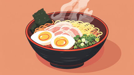 Ramen Bowl A steaming bowl of Japanese ramen noodles in savory broth, garnished with tender slices of pork, soft-boiled egg, green onions, and nori seaweed, offering a hearty and satisfying meal.