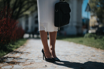 Close-up of a stylish woman's legs wearing high heels and a white skirt with a chic black backpack,...