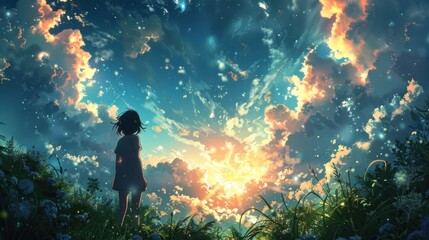 Beautiful sky anime, 3d illustration