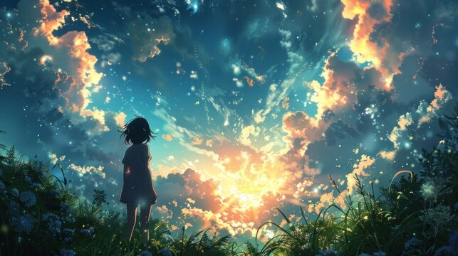 Beautiful sky anime, 3d illustration - Powered by Adobe