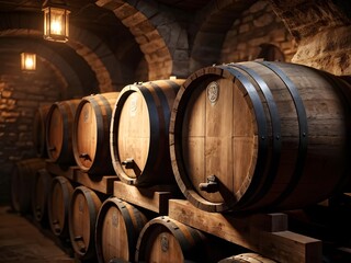 wine cellar filled with oak barrels