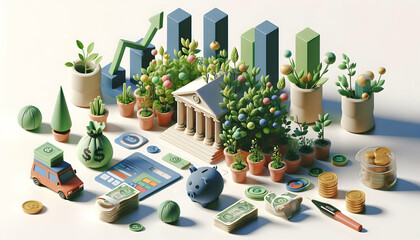 Fototapeta na wymiar 3D Flora Fiscal Feature: Isometric Wallpaper of Financial Growth and Green Saving in Miniature Diorama Art Style