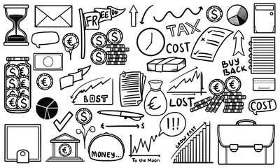 Hand drawn doodle set of Financial Technology in world money currency