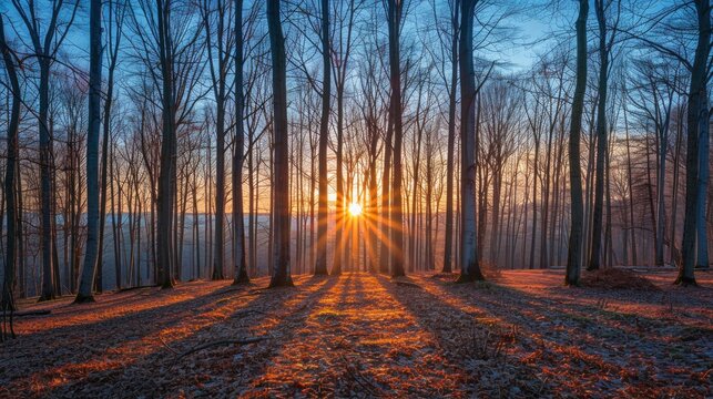 Sunrise in the forest, tall trees with visible light rays piercing through them, casting long shadows on the ground. The sky is painted in hues of blue and orange as sunlight bathes the landscape.
