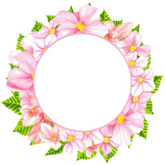 watercolor pink dogwood wreath frame, white background clipart isolated on clear background , pastel color theme, watercolor style