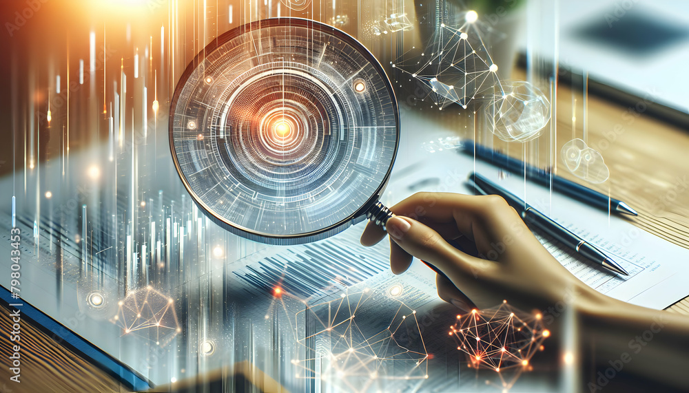 Poster abstract composition with magnifying glass analyzing data patterns for data-driven businesses - phot