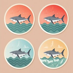 Obraz premium Circular Shark Stickers showcasing silhouettes of sharks amidst a backdrop of deep blue ocean