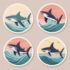 Circular Shark Stickers showcasing silhouettes of sharks amidst a backdrop of deep blue ocean