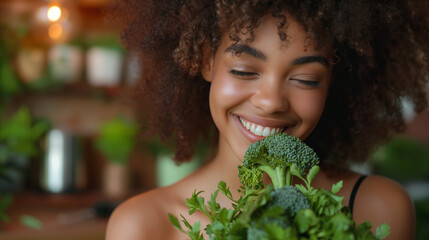 Smiling young woman smelling broccoli in kitchen at home. - obrazy, fototapety, plakaty