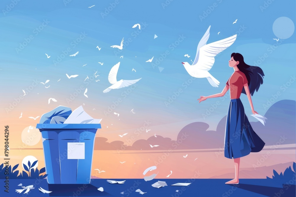 Poster A woman standing next to a trash can with a bird nearby. Suitable for environmental concepts