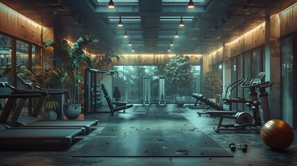 An inviting fitness oasis combining rustic charm with modern gym equipment, nestled within an urban loft setting with abundant natural light