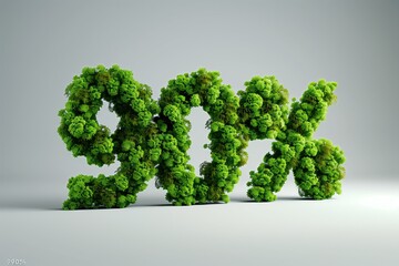 90% 3d inscription made of moss on a white background. Seasonal sales background with percent discount pattern. 