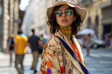 A woman wearing a hat and sunglasses on a bustling city street. Suitable for fashion or urban lifestyle concepts