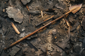 A javelin, its wooden shaft splintered and broken, cast aside amidst the wreckage of war. - obrazy, fototapety, plakaty