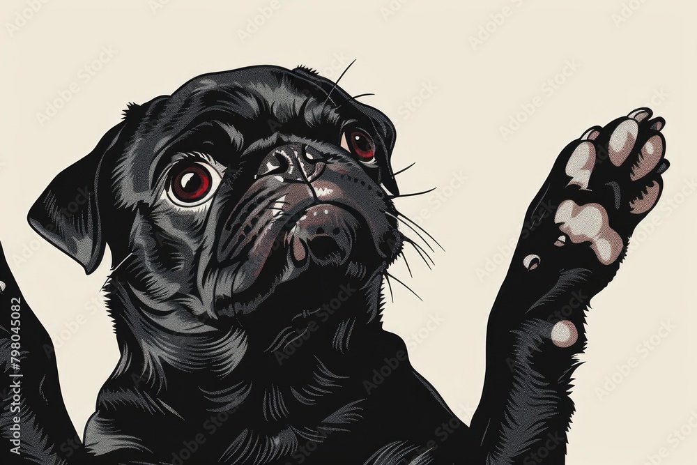 Sticker Cute black pug dog with paw raised. Perfect for pet lovers