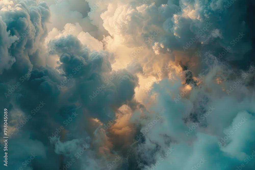 Poster an airplane soaring through a sky filled with fluffy clouds. ideal for travel and transportation con