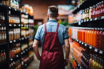Blurry interior of large grocery store with aisles and shelves for shopping concept