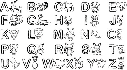 Fototapeta na wymiar hand drawn children drawing set of letters with cute animal characters