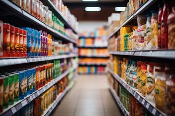 Blurry interior of large grocery store with aisles and shelves for shopping concept - obrazy, fototapety, plakaty