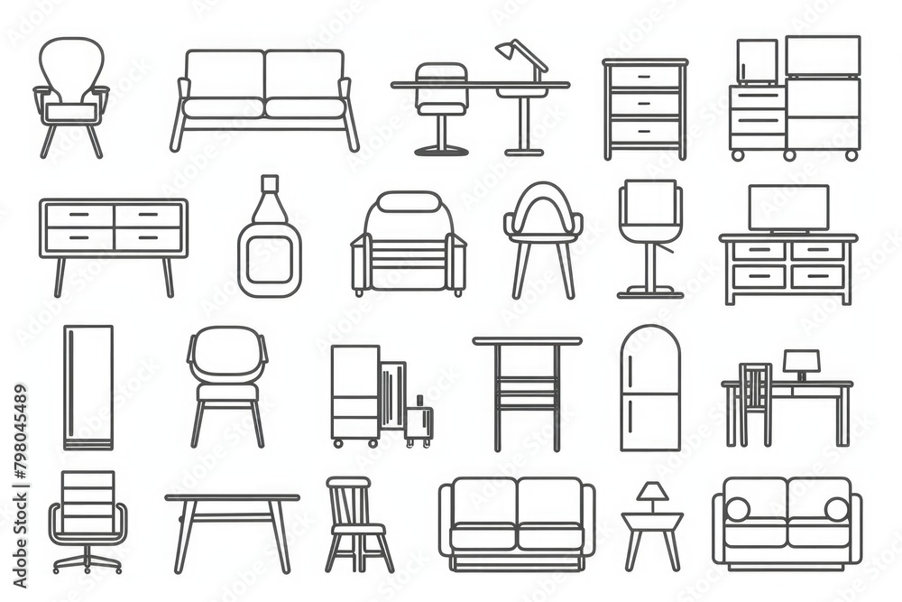 Aufkleber Set of furniture icons in a clean, modern line style. Perfect for web design and infographics