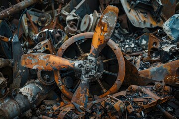 A pile of rusted metal with a propeller on top. Suitable for industrial and mechanical concepts - obrazy, fototapety, plakaty