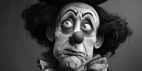 A spooky image of a clown in black and white, perfect for Halloween events