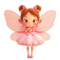 A charming stylized cartoon character of a girl dressed in a magical fairy costume complete with delicate pink wings stands out against a pristine transparent background