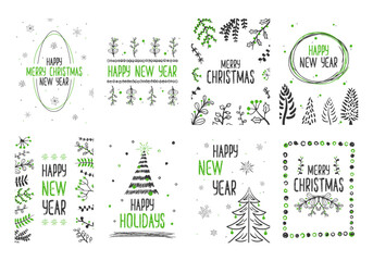 PNG, Happy New Year and Merry Christmas festive decor. Decorated square Christmas postcard with tree, decorations, swirl frames and typographic design.