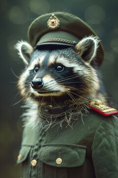 A raccoon dressed in a military uniform. Suitable for military-themed designs