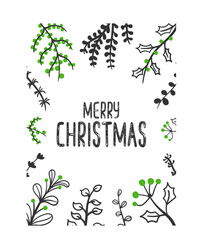 PNG, Happy New Year and Merry Christmas festive decor. Decorated square Christmas postcard with tree, decorations, swirl frames and typographic design.