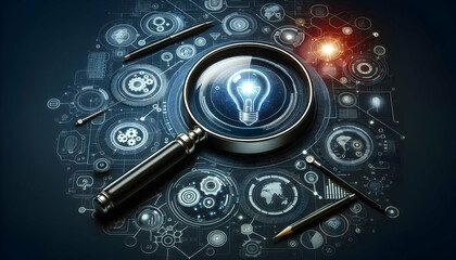 Technology Innovation: Modern Magnifying Glass Revealing Tech Elements - Ideal for Startups