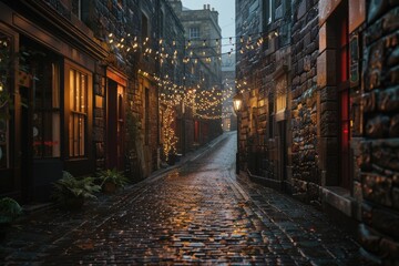 Fototapeta na wymiar A festive cobblestone street adorned with twinkling Christmas lights. Perfect for holiday-themed projects