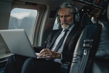 A man in a suit sitting in a plane with a laptop. Suitable for business and travel concepts