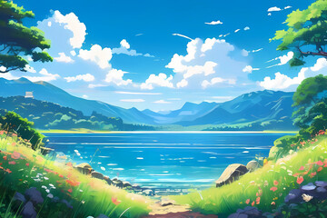 landscape with lake and mountains, abstract illustration of beautiful day over the mountains background, serene wallpaper 