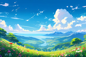 landscape with mountains and blue sky, abstract illustration of sunny day over the mountains background, serene wallpaper 