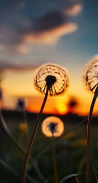 Im&aacute;genes en movimiento de dientes de le&oacute;n (Taraxacum officinale) iluminados por el sol poniente en un campo tranquilo.