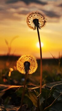 Video de flores de diente de le&oacute;n (Taraxacum officinale) bailando suavemente en un prado al atardecer.