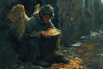 A painting of an angel holding a plate of food. Suitable for religious or food-related concepts