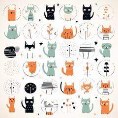 Animal circles, repeating seamless pattern, simple cute vectors, EPS, on white ,  simple lines drawing