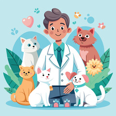a man with a lab coat and two cats with a lab coat on.